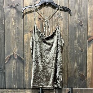 Very J Velvet Top M Sleeveless Strappy Shiny Velour Grey Green‎ Scalloped Dressy